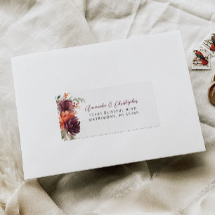 Étiquette Burgundy Orange Floral Wedding RSVP Adresse