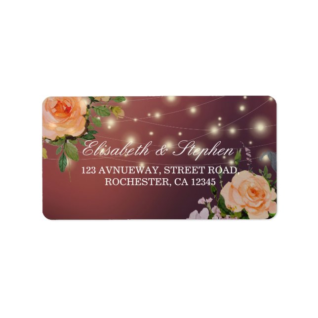 Étiquette Burgundy Rouge Floral String Lights Adresse Mariag (Devant)