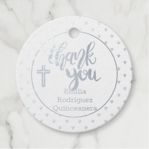 Étiquette-cadeau 12 ARGENT FOIL Merci catholique QUINCEANERA