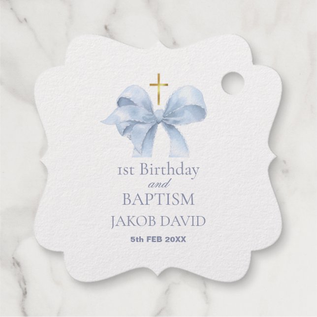 Étiquette-cadeau 1er Anniversaire & Baptême Boys Blue Bow Bracket (Dos)