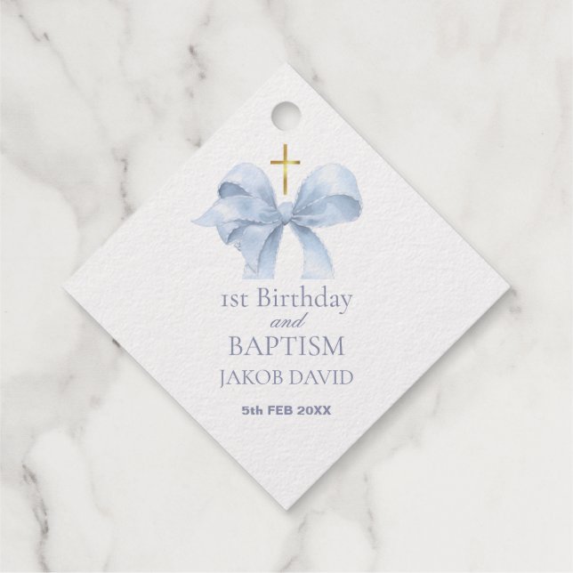 Étiquette-cadeau 1er anniversaire & Baptême Boys Blue Bow Merci (Dos)