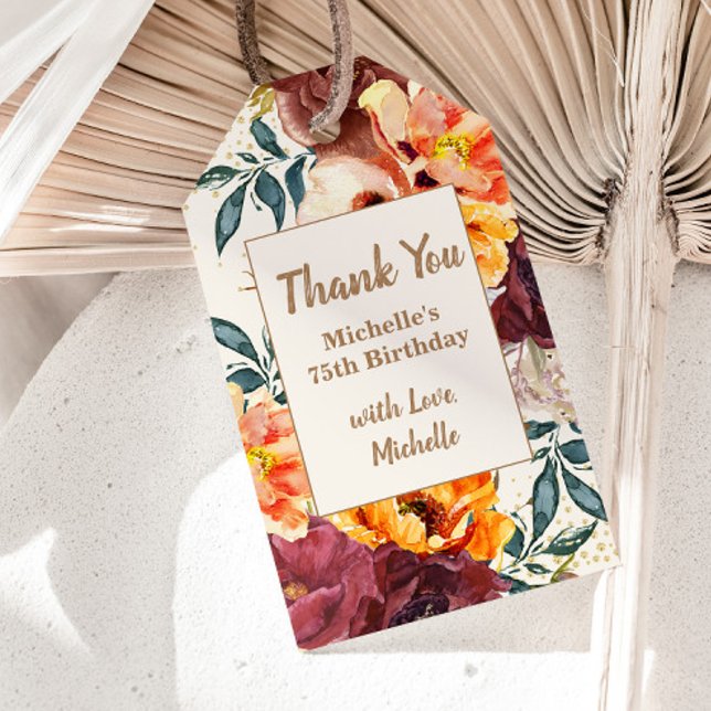 Étiquette cadeau 75e anniversaire Bourgogne Orange (Orange and burgundy watercolor floral 75th birthday party gift tag)