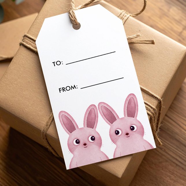 Étiquette cadeau à/de avec deux bébés lapins roses (Créateur téléchargé)