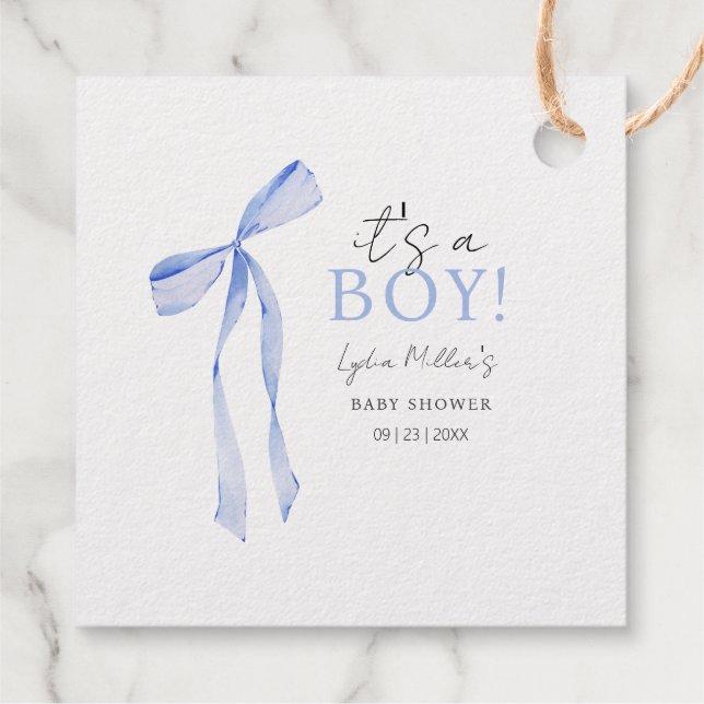 Étiquette-cadeau Baby shower Bleu Bow Invitation, Baby shower garço (Dos)