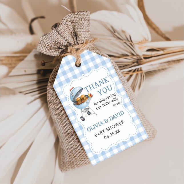Étiquette cadeau Baby Shower Blue Gingham Burger B (Créateur téléchargé)