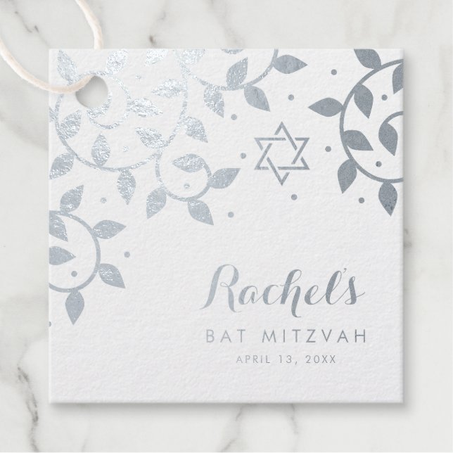 Étiquette-cadeau Bat mitzvah Joli arbre de vie feuille d'argent (Devant)