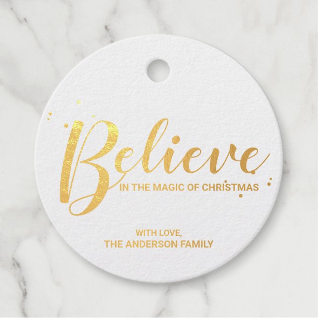 Étiquette-cadeau 'Believe' Elegant Gold Foil Noël (Devant)