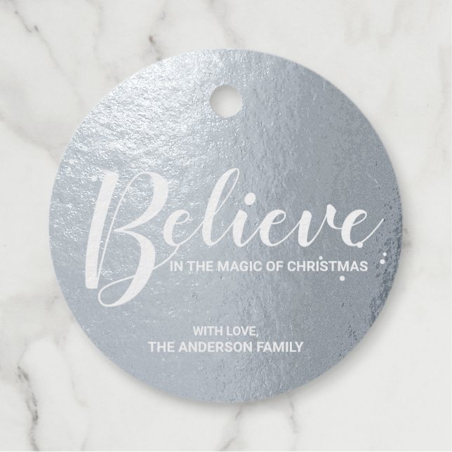 Étiquette-cadeau 'Believe' Elegant Silver Foil Noël (Devant)