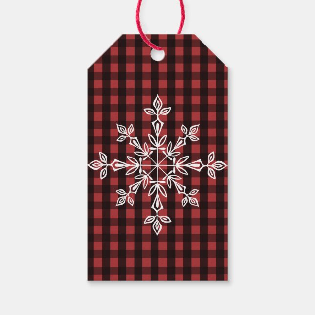 Étiquette cadeau blanc Snowflake sur Red et Black  (Devant)