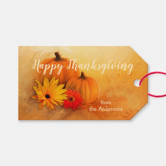 Étiquette cadeau Citrouille Floral Thanksgiving (Devant (Horizontal))