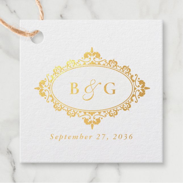 Étiquette-cadeau Couronne de feuille d'or véritable élégante mariag (Devant)