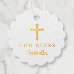 Étiquette-cadeau Croix d'or Dieu Bénie Baptême Religieux Bébé