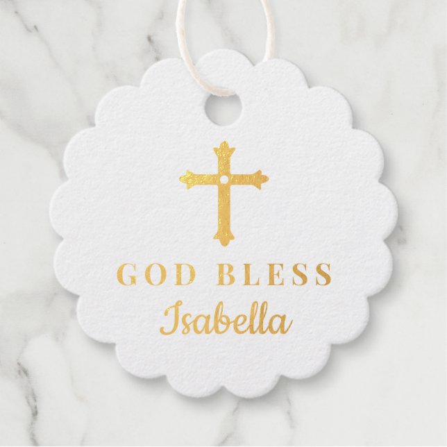 Étiquette-cadeau Croix d'or Dieu Bénie Baptême Religieux Bébé (Devant)