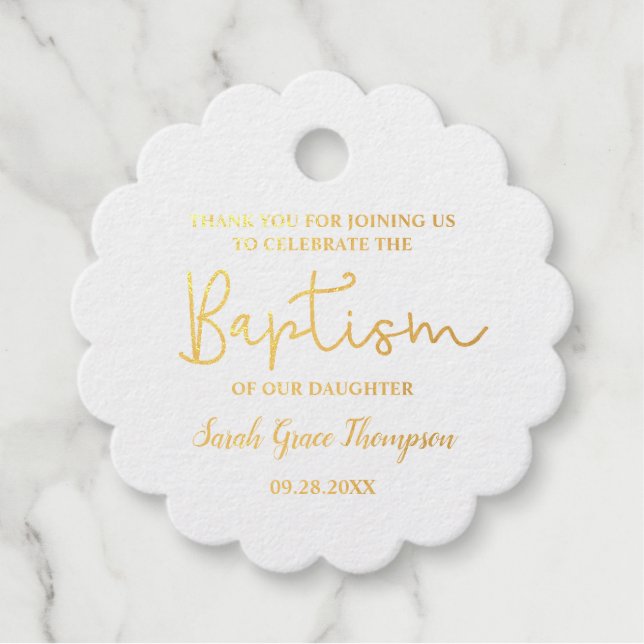 Étiquette-cadeau Custom Modern Script Nom bébé fille baptême or (Devant)