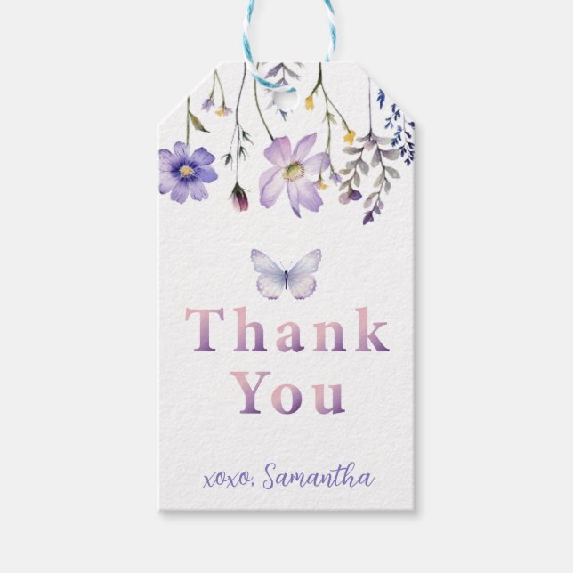 Étiquette cadeau d'anniversaire papillon fleur sau (Devant)