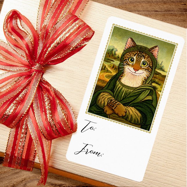 Étiquette cadeau de chat Mona Lisa Whimsical (Créateur téléchargé)