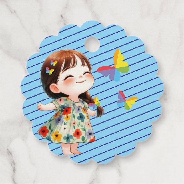 Étiquette cadeau de fille souriante avec papillons (Dos)