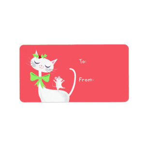 Étiquette cadeau de Noël blanc chat et souris