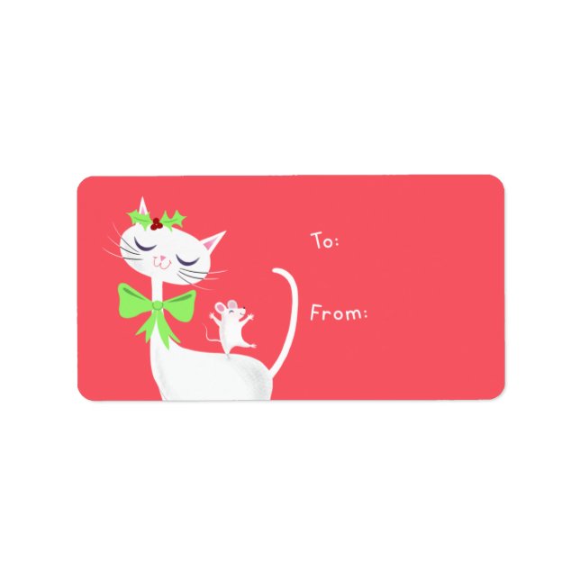 Étiquette cadeau de Noël blanc chat et souris (Devant)