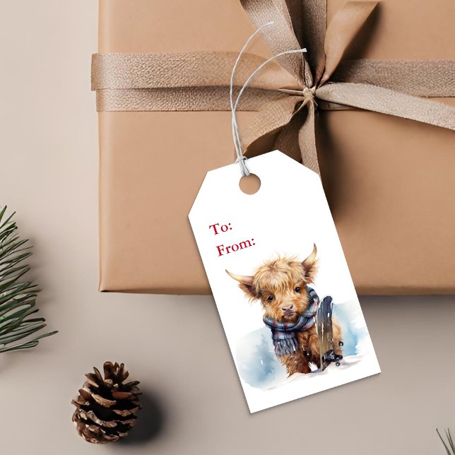 Étiquette cadeau de Noël Highland Cow Snowboard (Créateur téléchargé)