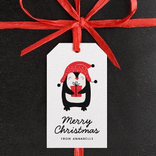 Étiquette cadeau de Noël Joyeux script de pingouin