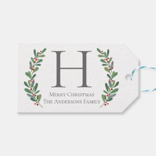 Étiquette cadeau de Noël Monogramme Sprigs d'hiver