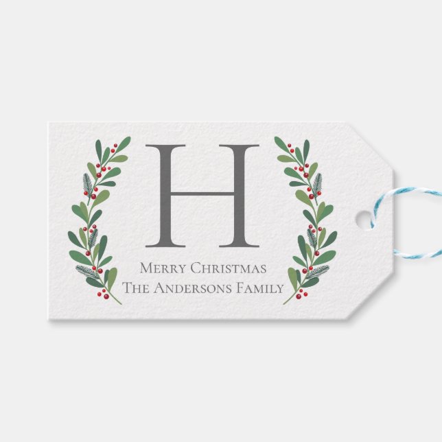 Étiquette cadeau de Noël Monogramme Sprigs d'hiver (Devant (Horizontal))