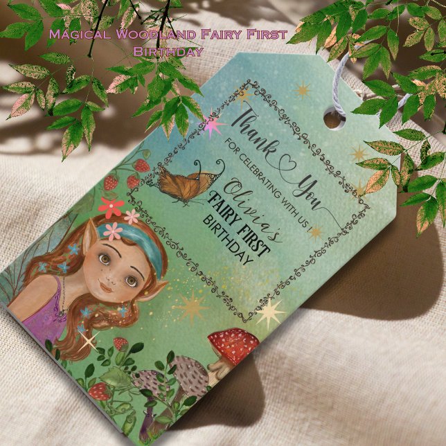 Étiquette Cadeau de Premier Anniversaire de Fée de (Magical Woodland Fairy First Birthday Gift Tag)