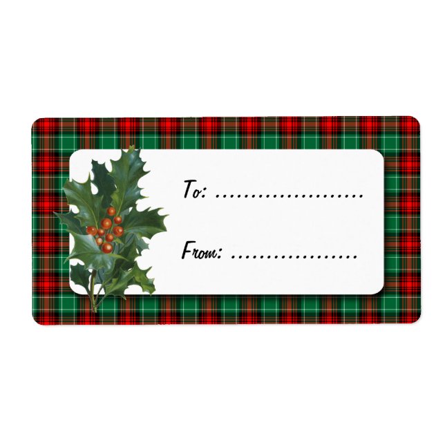 Étiquette cadeau de vacances Holly Red Green Plaid (Devant)