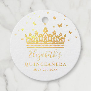 Étiquette-cadeau Élégant papillon de la Couronne Quinceanera Or