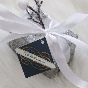 Étiquette-cadeau Fancy Gold Foil Flux Bleu foncé Joyeux Noël
