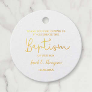 Étiquette-cadeau Gold Custom Modern Script Nom bébé garçon baptême