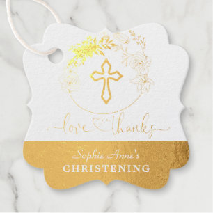 Étiquette-cadeau Gold Green Foliage Amour et Merci Christening