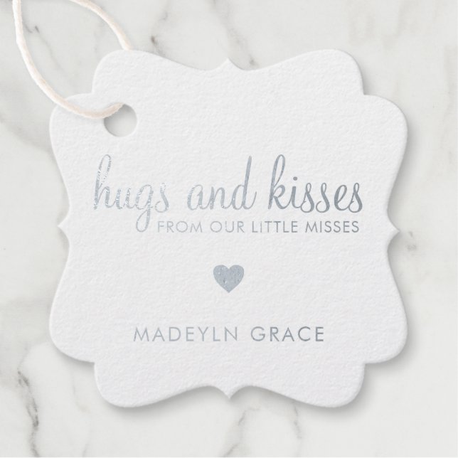 Étiquette-cadeau Hugs et baisers Coeur Argent Foil Baby shower fill (Devant)