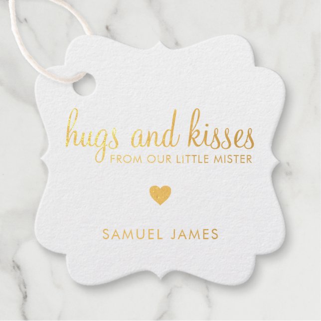 Étiquette-cadeau Hugs et baisers Heart Gold Foil Baby shower garçon (Devant)
