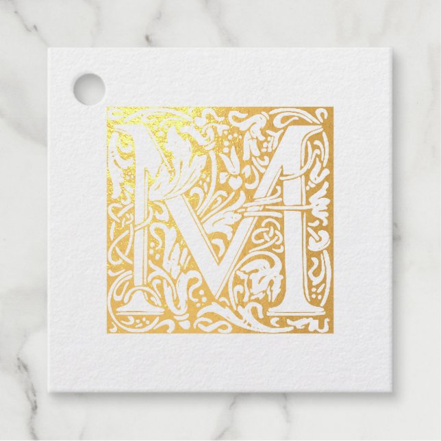 Étiquette-cadeau LETTRE D'ANNIVERSAIRE D'OR ÉCLAIRÉ M MONogramme (Devant)
