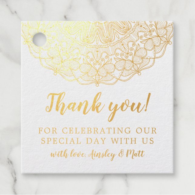 Étiquette-cadeau Mariage de calligraphie de dentelle d'or Merci (Devant)