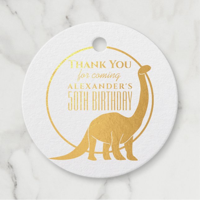 Étiquette-cadeau Merci 50e anniversaire Dinosaure d'or (Devant)