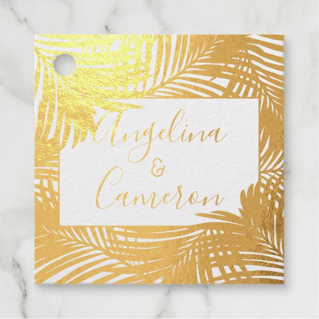 Étiquette-cadeau Palme tropicale Île Feuille Mariage VRAI FOIL (Devant)