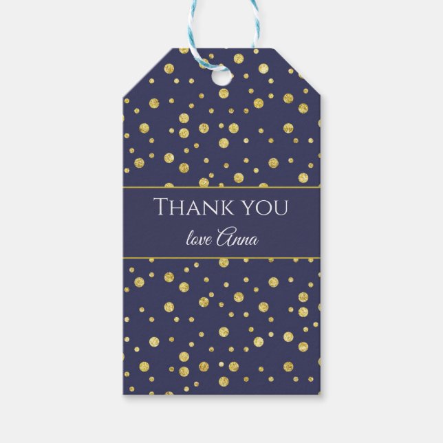 Étiquette cadeau personnalisée bleu marine et pois (Devant)
