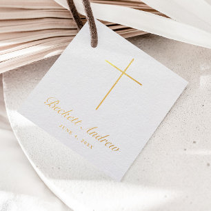 Étiquette-cadeau Simple Croix de Baptême en écriture dorée