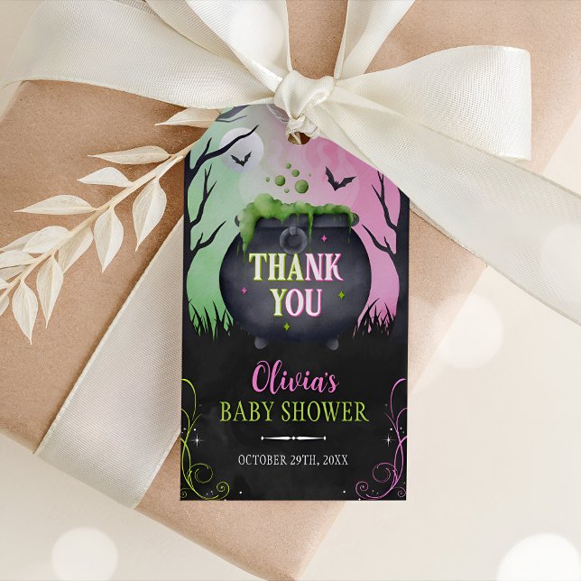 Étiquette cadeau sorcière Halloween Baby shower Fa (Créateur téléchargé)