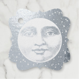 Étiquette-cadeau Vintage homme dans la lune pleine face argent feui