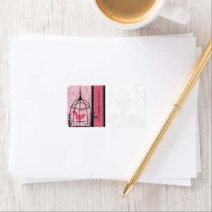 Étiquette Cage Vintage Oiseaux Rose et Points de Damas Noir