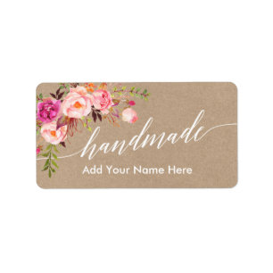 Étiquette Calligraphie artisanale rose Floral Kraft