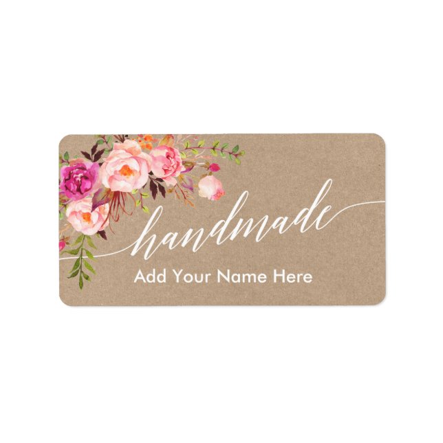 Étiquette Calligraphie artisanale rose Floral Kraft (Devant)
