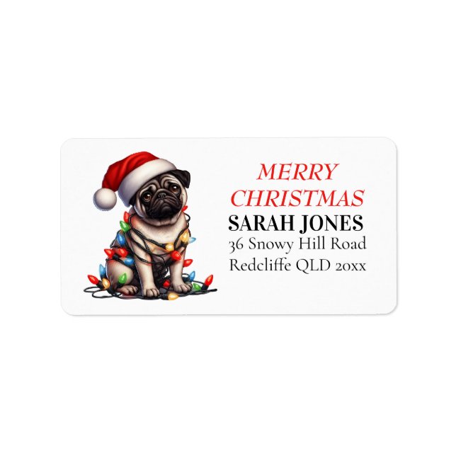 Étiquette Carlin Caine Cute Joyeux voeux de Noël (Devant)