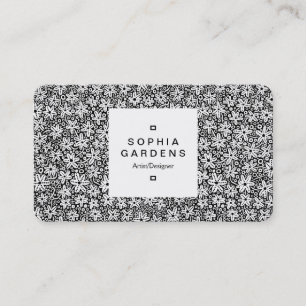 Étiquette carré 03a - Motif à fleurs - Wt sur noir