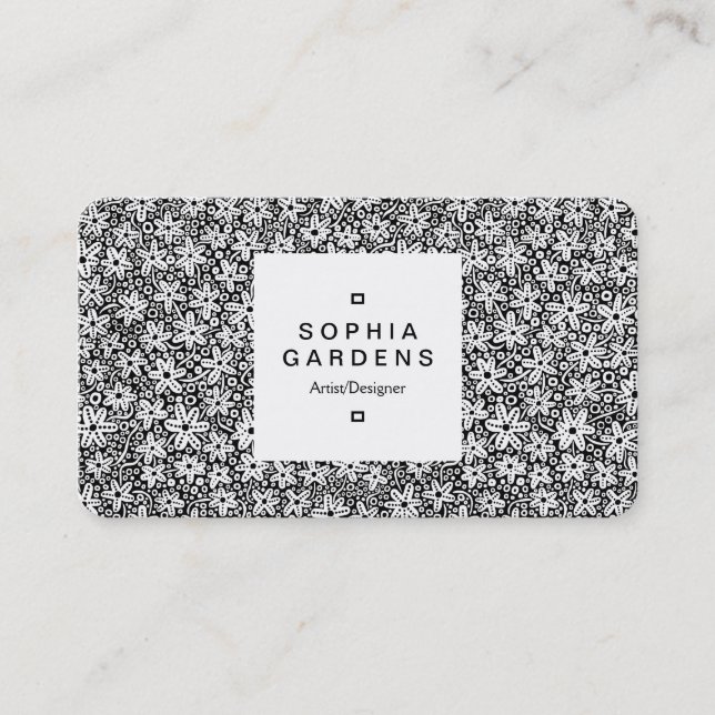 Étiquette carré 03a - Motif à fleurs - Wt sur noir (Devant)