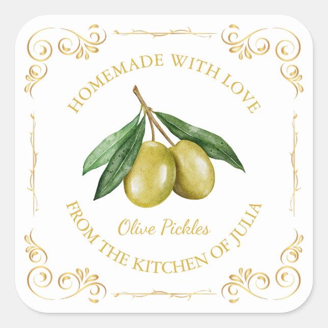 Étiquette carrée de pickles d'olive faits maison v (Devant)
